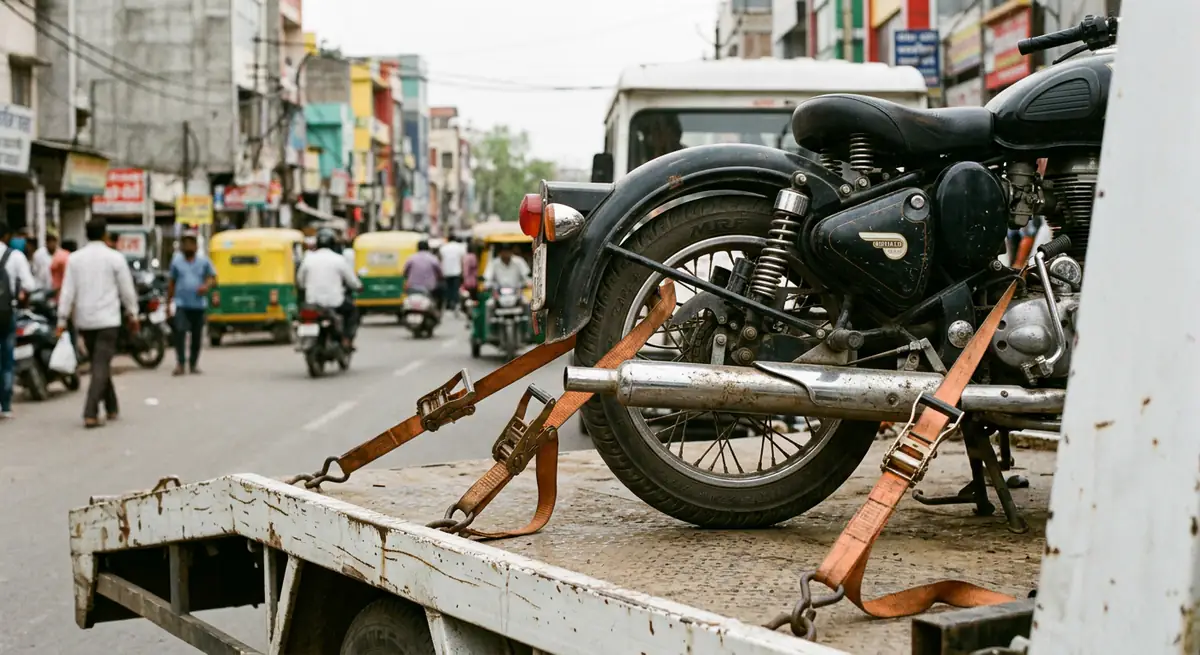 Black motorcycle held down with orange ratchet straps on a flatbed, beside a busy city street in Bangalore