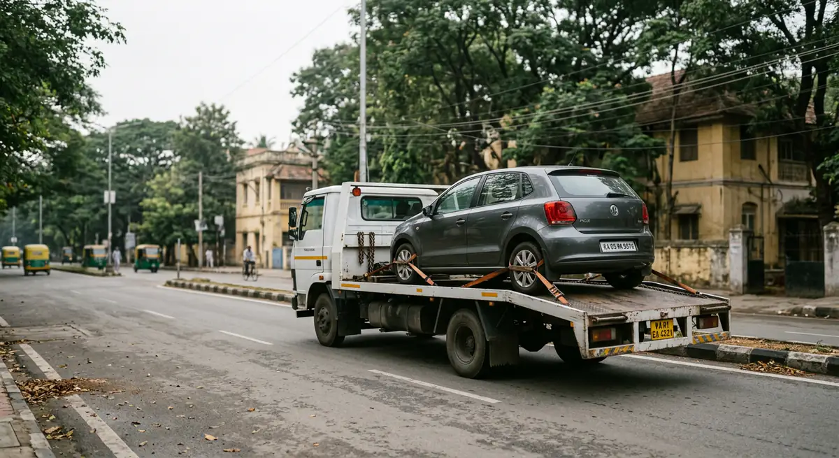 Grey hatchback car strapped onto a flatbed tow truck on a tree-lined road in Bangalore